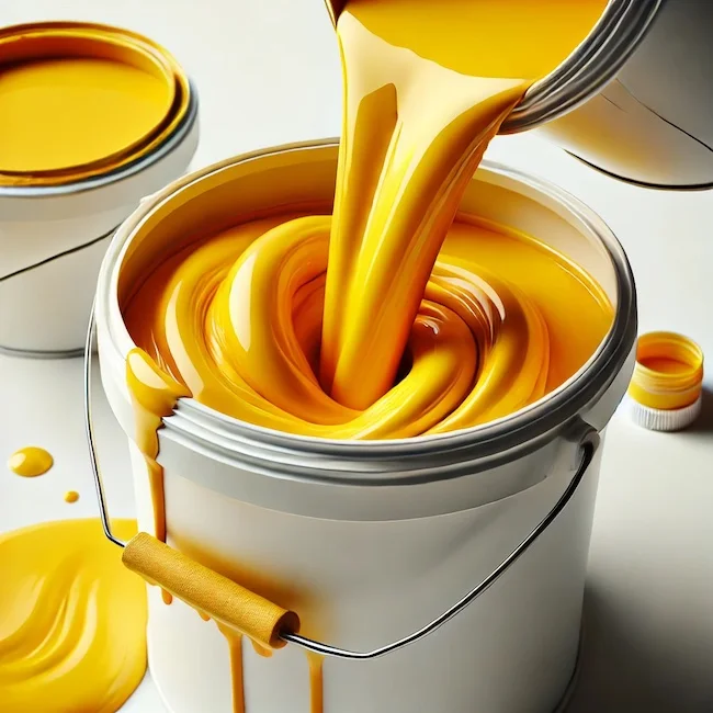 White bucket filled with yellow paint being poured into another bucket of yellow paint