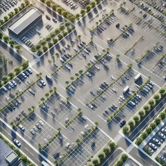 Aerial view of a large parking lot with organized rows of parking spaces and some cars parked