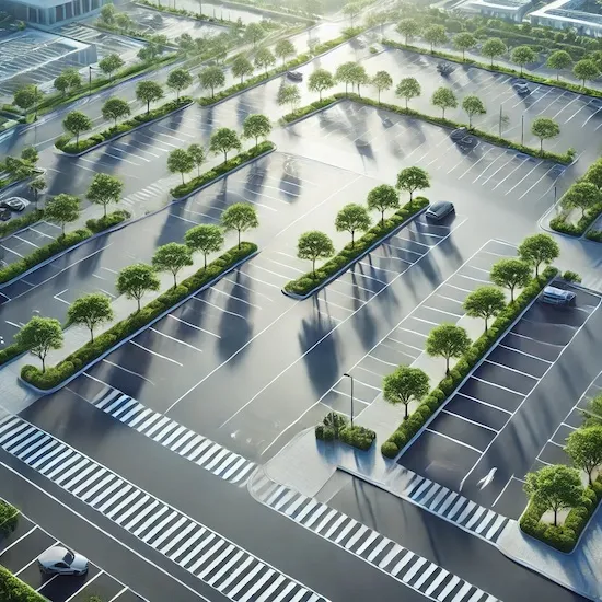 Aerial view of a well-maintained parking lot with smooth asphalt and greenery around