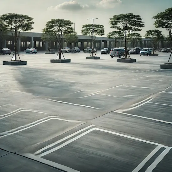 Well-maintained concrete parking lot with clean surfaces and clearly marked spaces