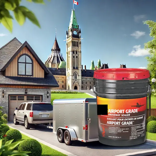 Driveway with a trailer parked in front of Ottawa’s Parliament, featuring Latex-ite Airport Grade sealer for asphalt driveways