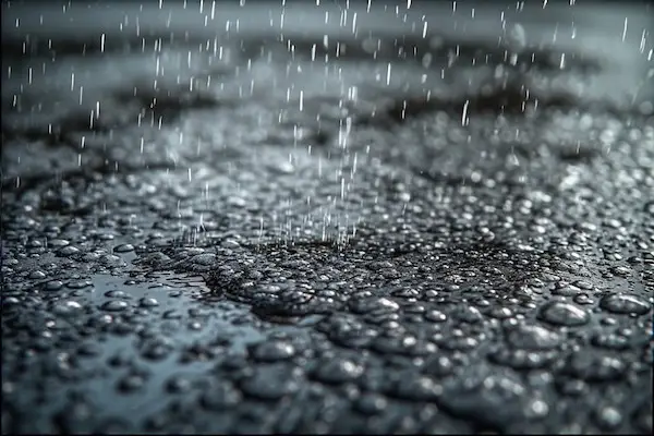 Close-up of raindrops hitting a driveway surface, showing the damaging effects on improperly cured sealer