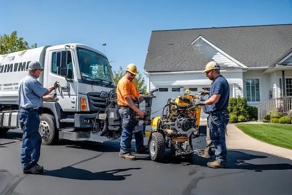 Professional driveway sealing crew working efficiently with commercial equipment on a residential driveway