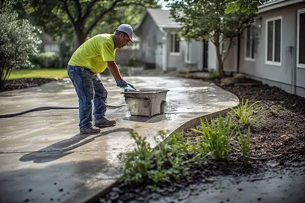 Freshly applied concrete sealer on a residential driveway with a wet appearance, showing the application process