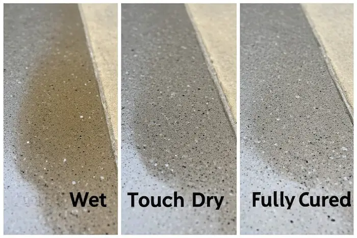 Close-up of concrete surface showing different stages of sealer drying, from wet to touch-dry to fully cured
