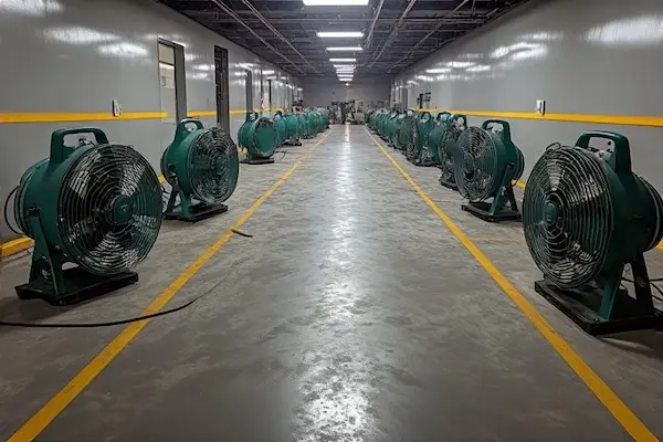 Industrial fans set up around a freshly sealed concrete floor to improve air circulation and speed drying time
