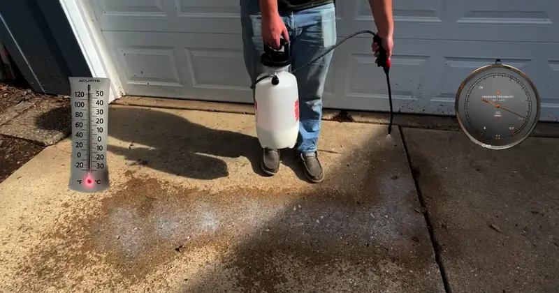Thermometer and hygrometer showing temperature and humidity readings near a concrete surface being sealed