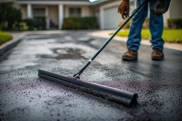 Homeowner applying first coat of driveway sealer with a squeegee, working in sections