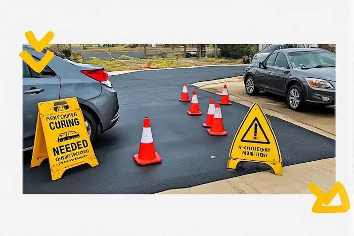 Car parked on freshly sealed driveway with cones and warning signs indicating curing time needed