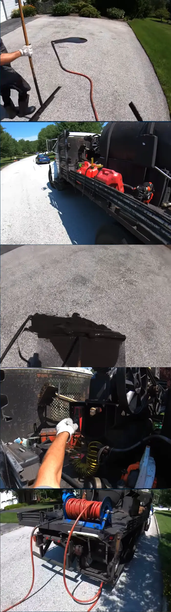 Homeworker preparing to seal a residential driveway with tools and materials laid out nearby