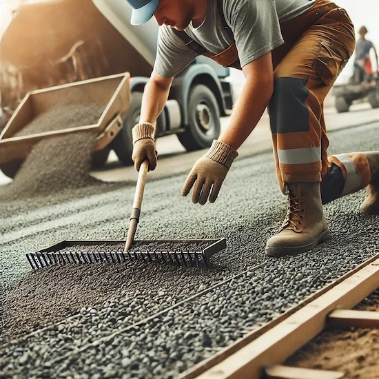 Un travailleur de la construction étalant une sous-couche de gravier pour préparer le sol avant l