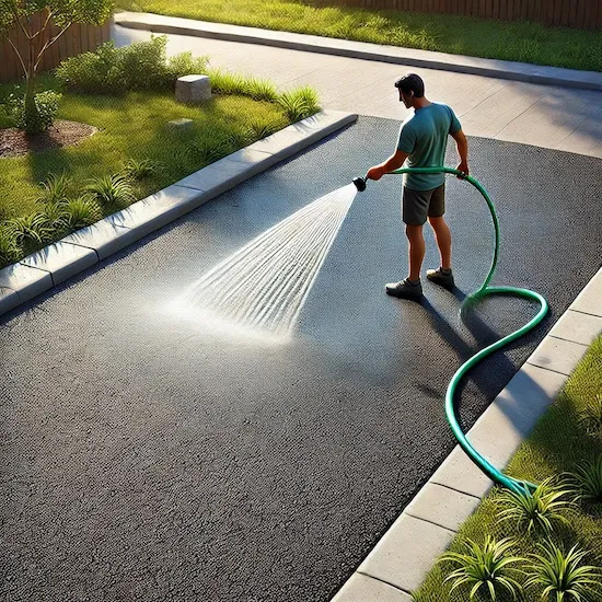 Person watering a new asphalt driveway with a garden hose in a suburban residential area