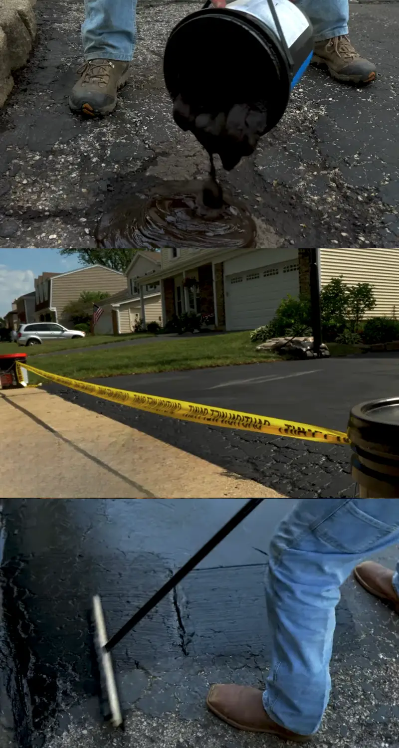 Préparation d'une allée en asphalte avec des outils de nettoyage et un scellant prêt à être appliqué