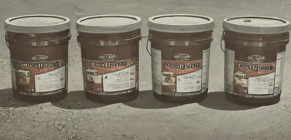 Différents contenants de scellant pour asphalte alignés sur une allée, montrant diverses marques et formulations