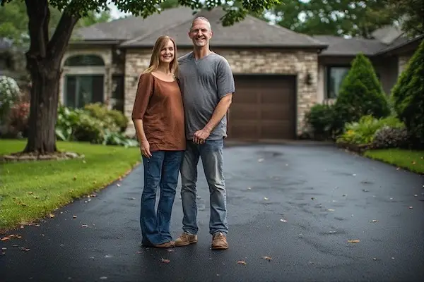 Propriétaire devant son entrée d'asphalte avec des questions sur le pavage et l'entretien