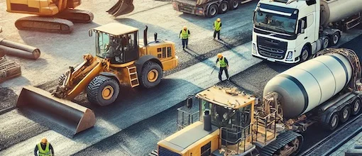 Un chantier de construction avec de la machinerie lourde, notamment des camions et des rétrocaveuses, travaillant sur un projet de pavage d'asphalte.